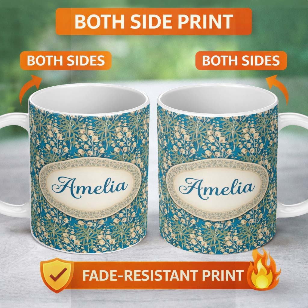 Personalized Custom Name Vintage Style Floral Botanical Pattern on Blue Background Seamless 11oz Ceramic Coffee Tea Mug White Large Handle