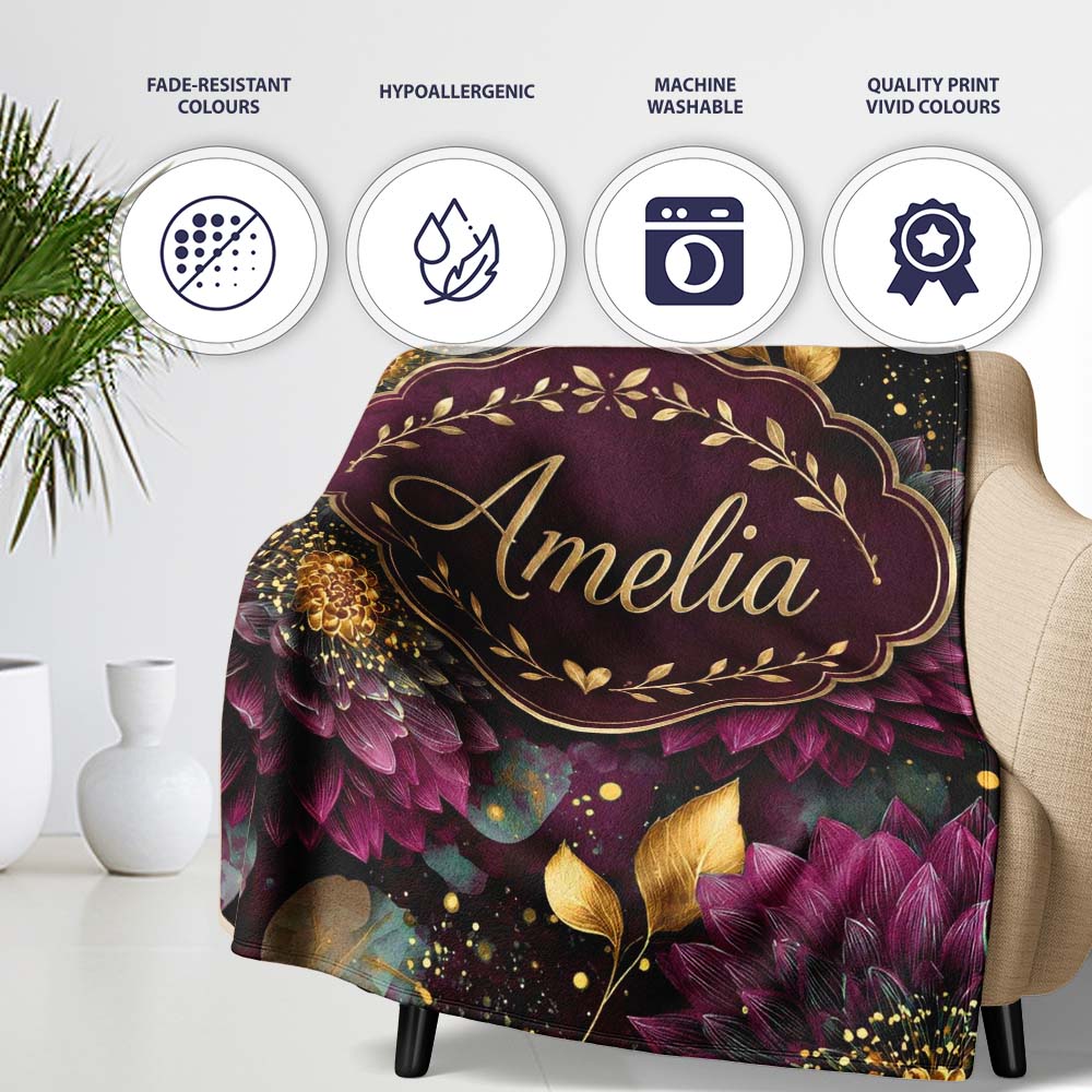 Luxury Dark Floral Gold Leaf Seamless Pattern on Black Background Personalised Custom Name Super Soft Fleece Blanket Bed Sofa Throw