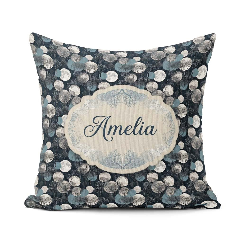 Custom Name Moonlit Forest and Abstract Circles on Dark Seamless Square Filled Cushion Throw Pillow Sofa Bed Home Decor Zip Washable UK Made