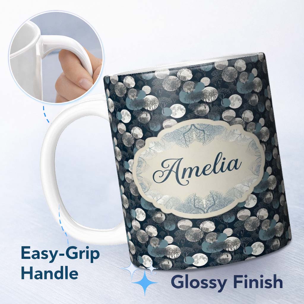 Personalized Custom Name Moonlit Forest Trees and Abstract Circles on Dark Blue Seamless 11oz Ceramic Coffee Tea Mug White Large Handle