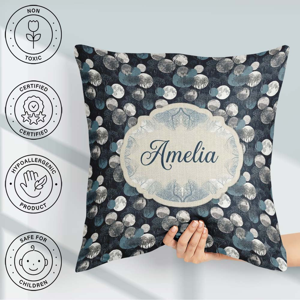 Custom Name Moonlit Forest and Abstract Circles on Dark Seamless Square Filled Cushion Throw Pillow Sofa Bed Home Decor Zip Washable UK Made
