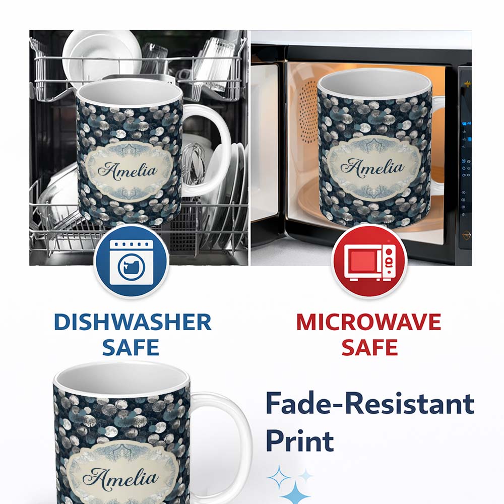 Personalized Custom Name Moonlit Forest Trees and Abstract Circles on Dark Blue Seamless 11oz Ceramic Coffee Tea Mug White Large Handle