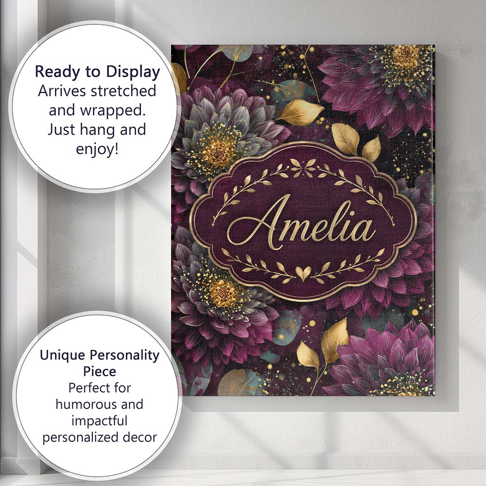 Personalised Name Luxury Dark Floral Gold Custom Unique Gift Idea Elegant Feature Canvas Wall Art Print Decor Picture Ready to Hang