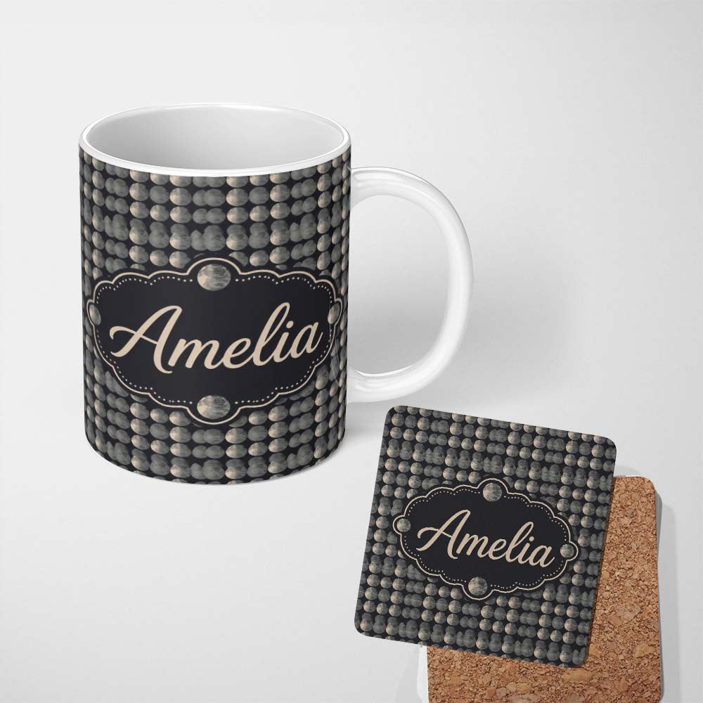 Personalized Custom Name Monochrome Moon Phase Circle Pattern on Black Background Seamless 11oz Ceramic Coffee Tea Mug White Large Handle
