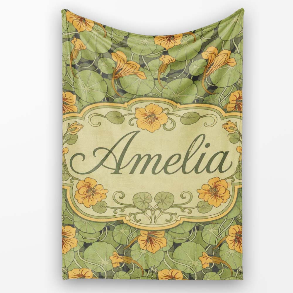Vintage Botanical Leaves and Flowers Pattern on Green Background Personalised Custom Name Super Soft Fleece Blanket Bed Sofa Throw