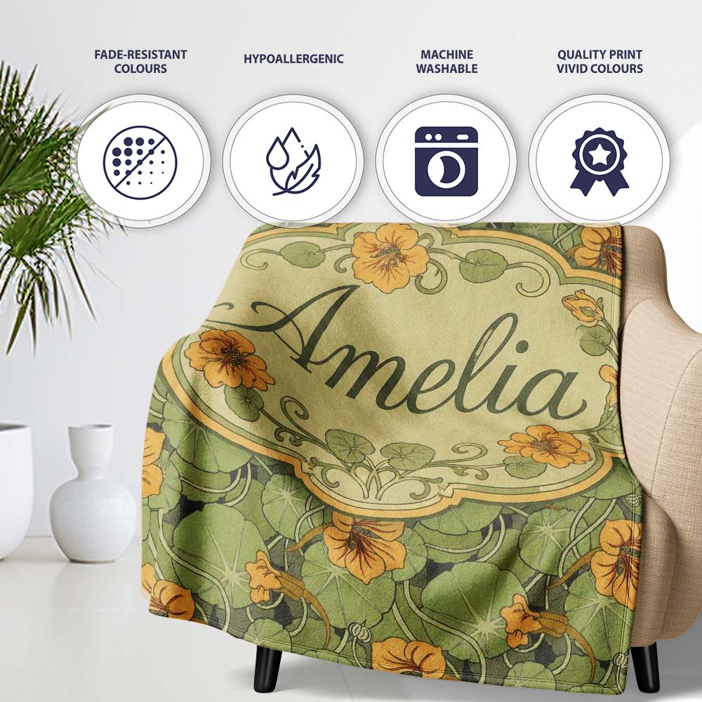 Vintage Botanical Leaves and Flowers Pattern on Green Background Personalised Custom Name Super Soft Fleece Blanket Bed Sofa Throw
