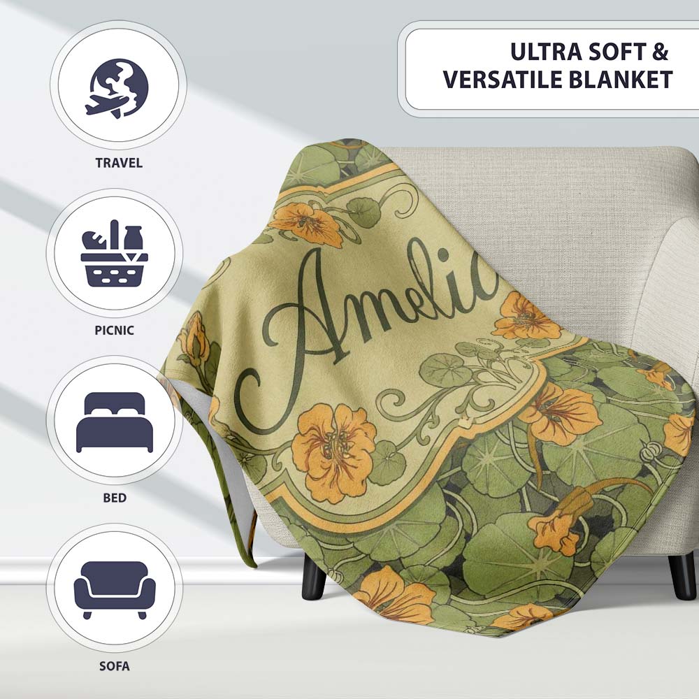 Vintage Botanical Leaves and Flowers Pattern on Green Background Personalised Custom Name Super Soft Fleece Blanket Bed Sofa Throw