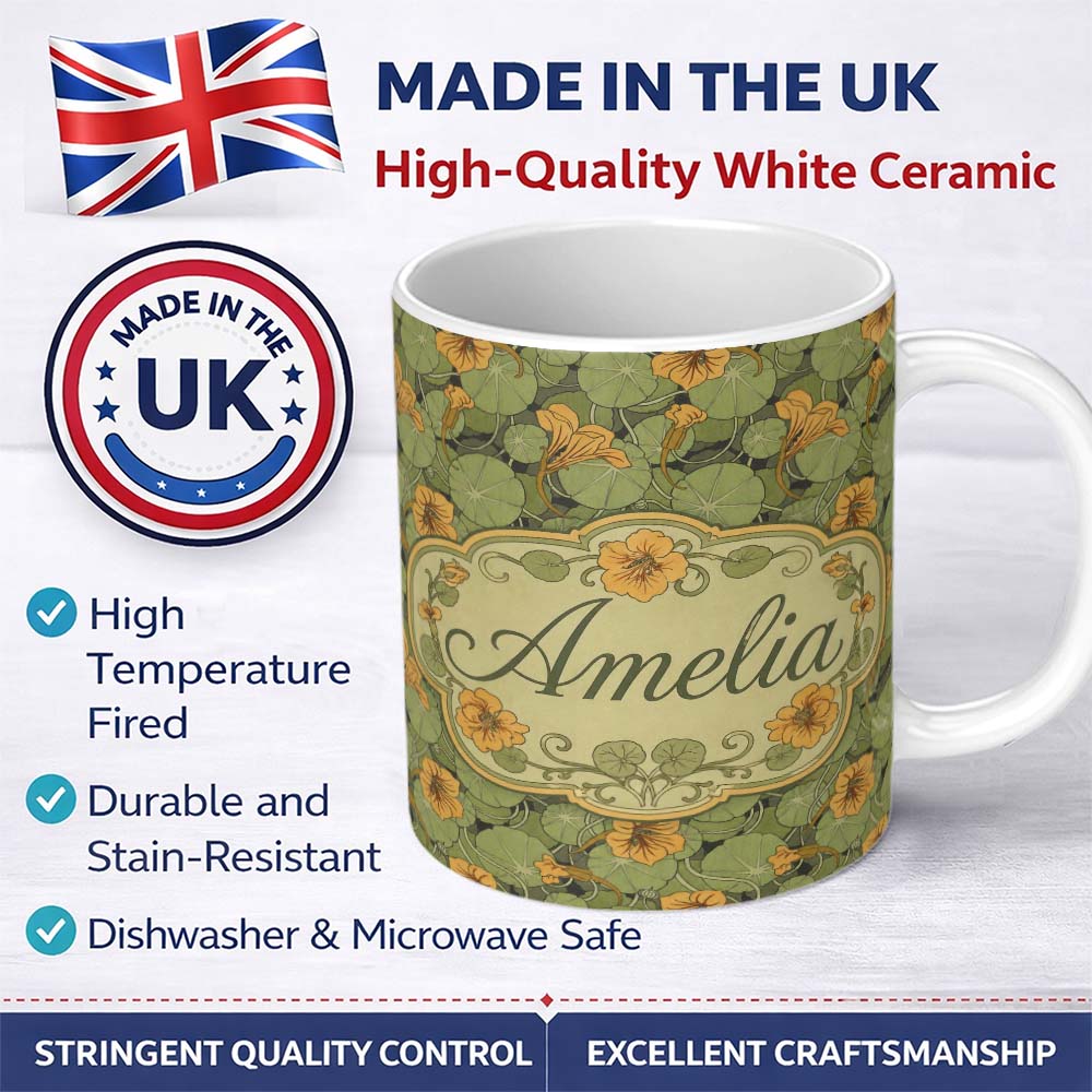 Personalized Custom Name Vintage Botanical Leaves and Flowers Pattern on Green Background 11oz Ceramic Coffee Tea Mug White Large Handle