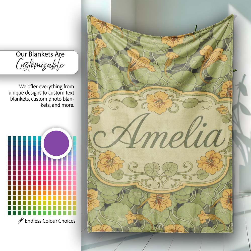 Vintage Botanical Leaves and Flowers Pattern on Green Background Personalised Custom Name Super Soft Fleece Blanket Bed Sofa Throw