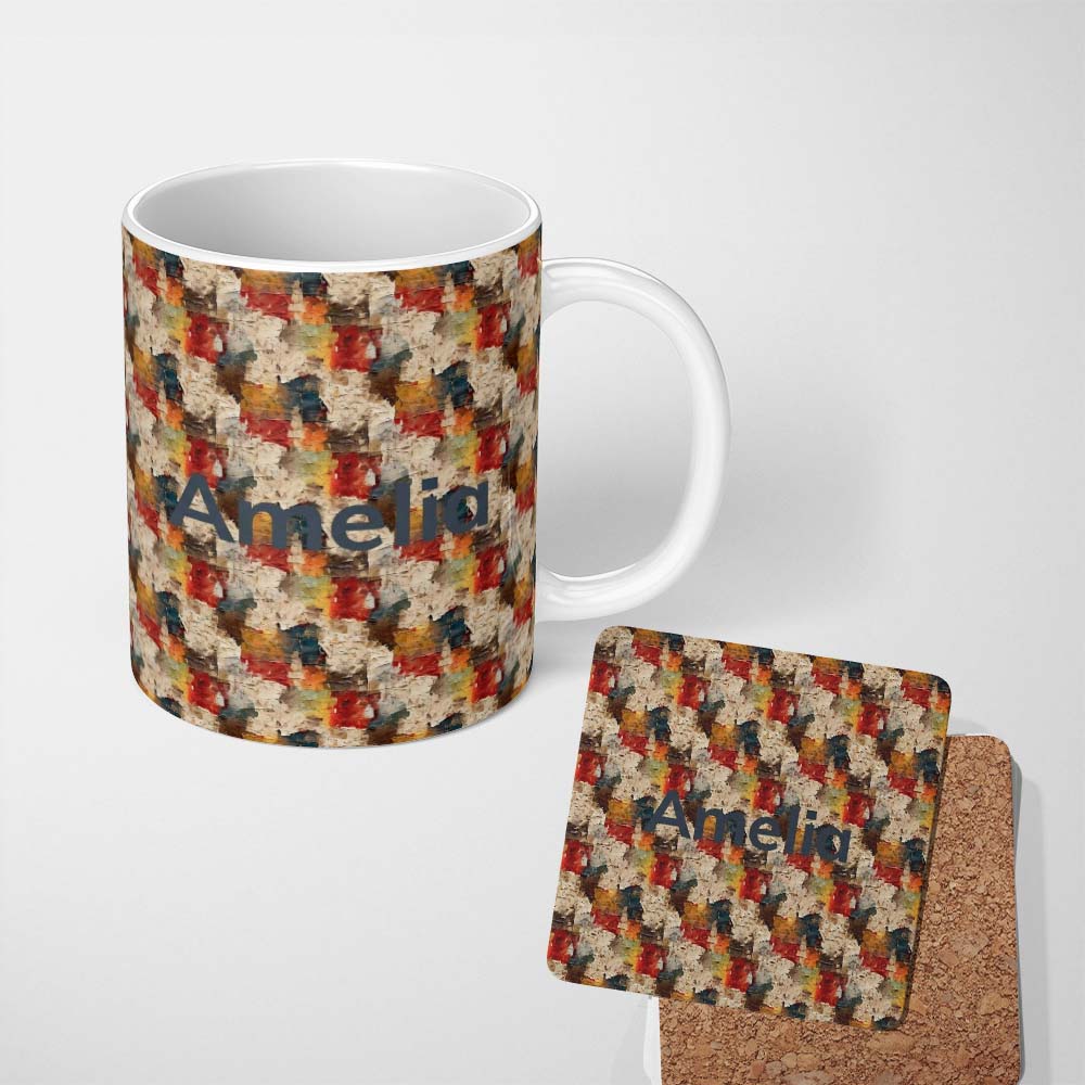 Personalized Custom Name Abstract Textured Paint Brush Pattern in Warm Tones Seamless Name 11oz Ceramic Coffee Tea Mug White Large Handle