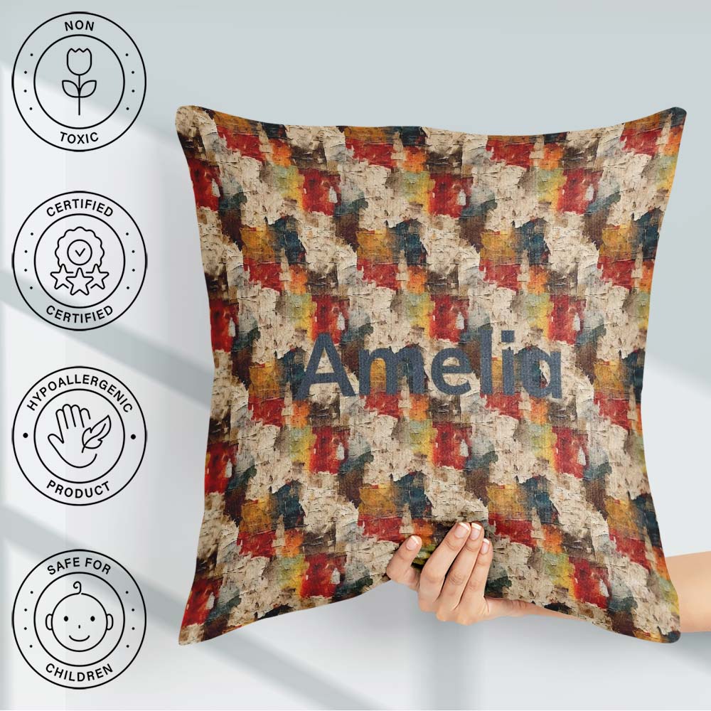 Custom Name Abstract Textured Paint Brush in Warm Tones Seamless Square Filled Cushion Throw Pillow Sofa Bed Home Decor Zip Washable UK Made
