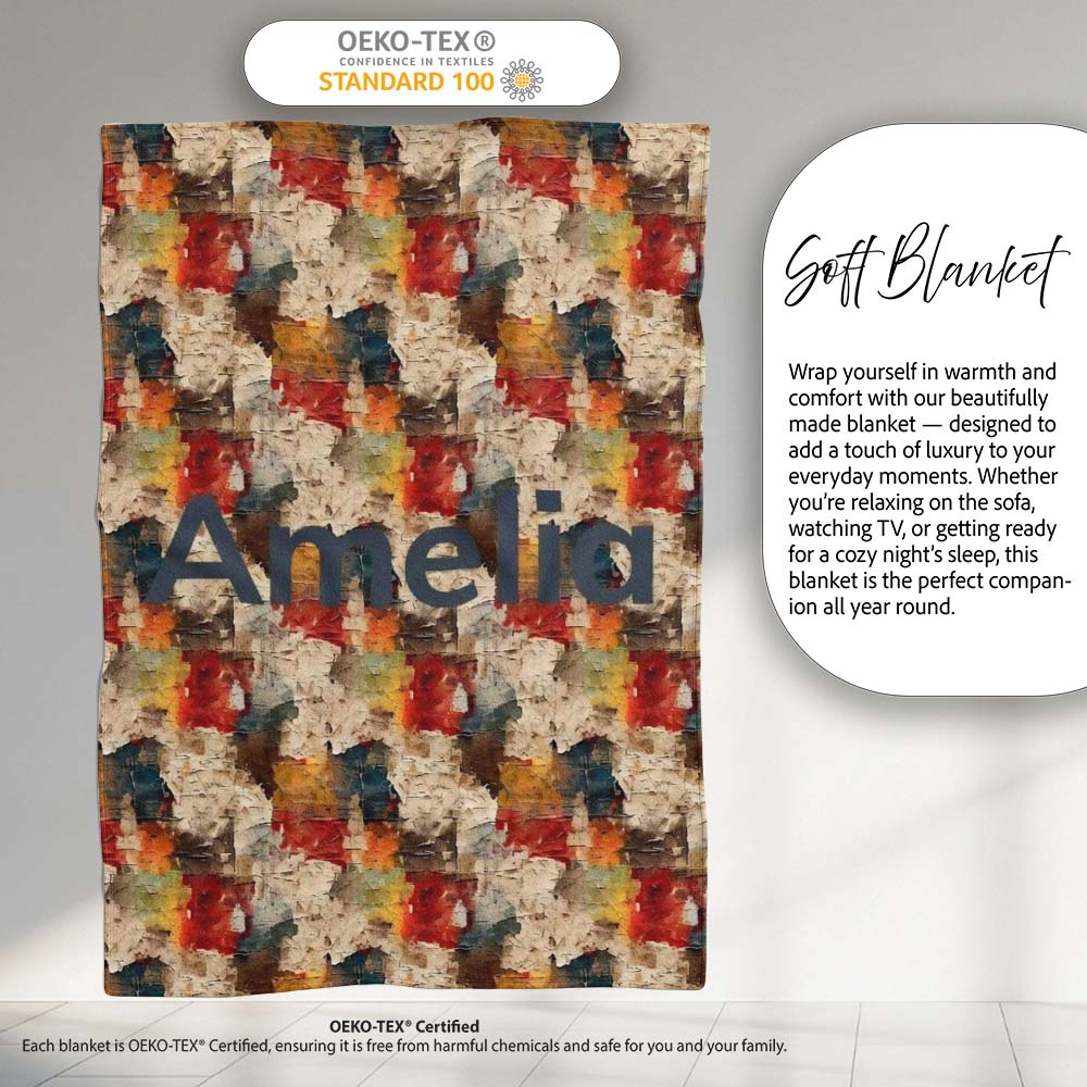 Abstract Textured Paint Brush Pattern in Warm Tones Seamless Name Personalised Custom Name Super Soft Fleece Blanket Bed Sofa Throw