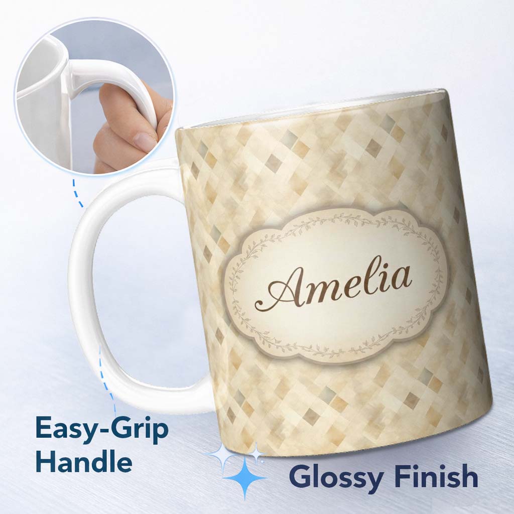 Personalized Custom Name Soft Neutral Geometric Diamond Pattern on Beige Background Seamless 11oz Ceramic Coffee Tea Mug White Large Handle