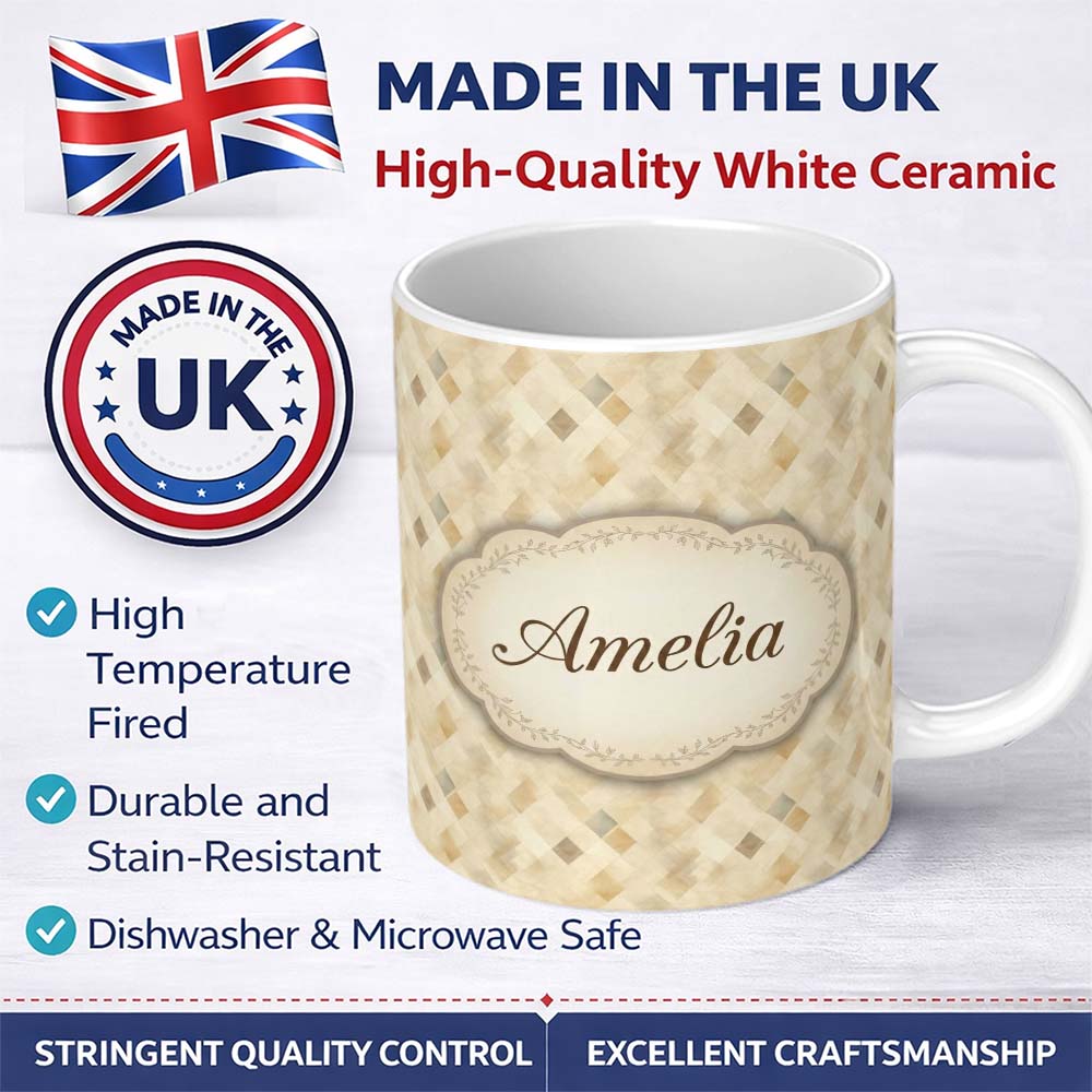 Personalized Custom Name Soft Neutral Geometric Diamond Pattern on Beige Background Seamless 11oz Ceramic Coffee Tea Mug White Large Handle