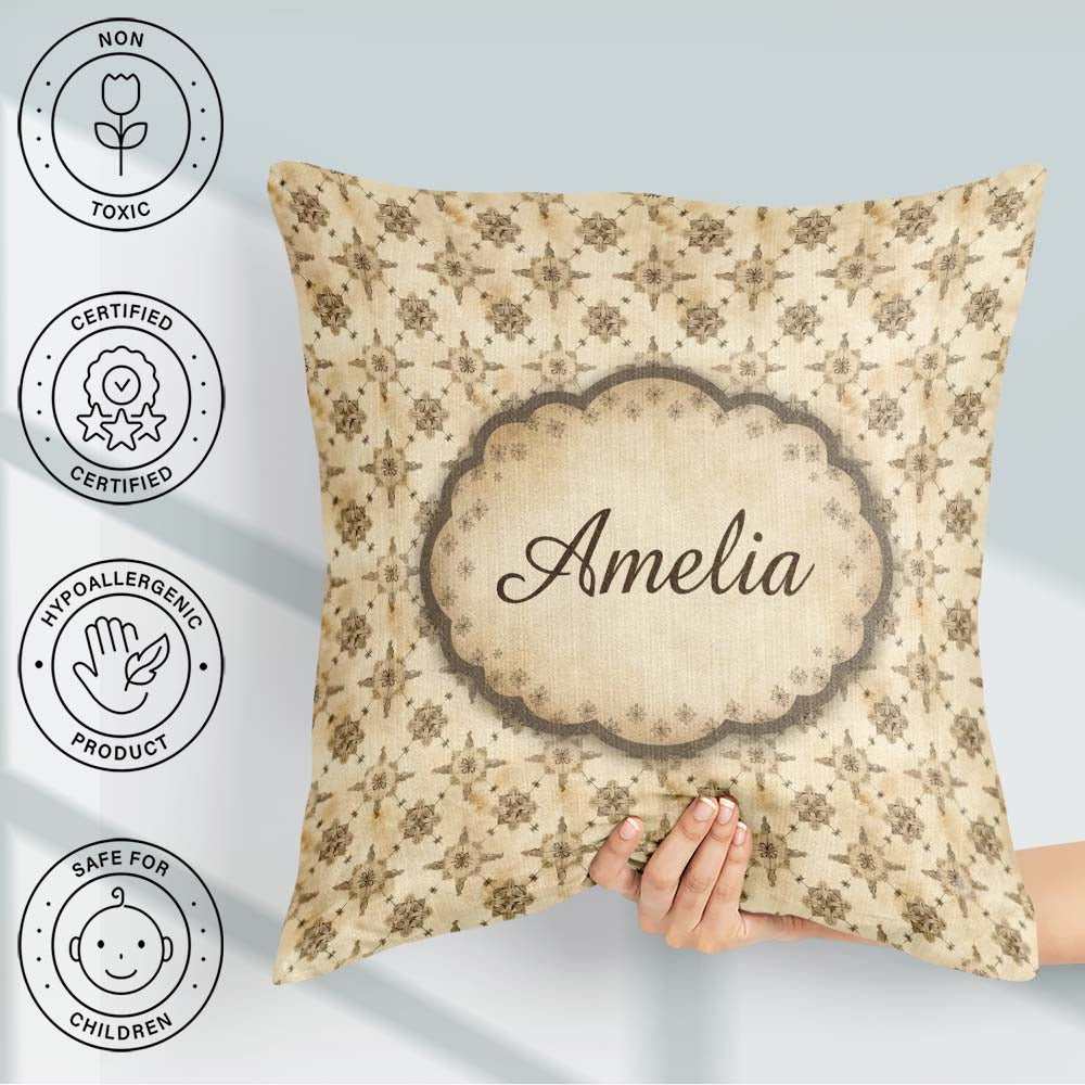 Custom Name Classic Ornamental Tile in Beige Tones Seamless Name Square Filled Cushion Throw Pillow Sofa Bed Home Decor Zip Washable UK Made
