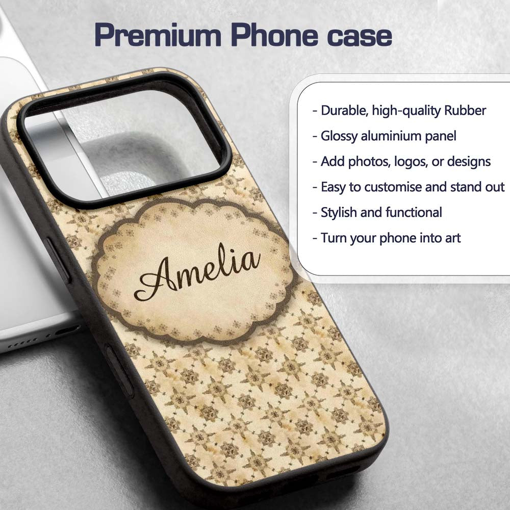 Classic Ornamental Tile Pattern in Beige Tones Custom Name Protective Phone Case Mobile Cover Durable Everyday Smartphone Shock Resistant
