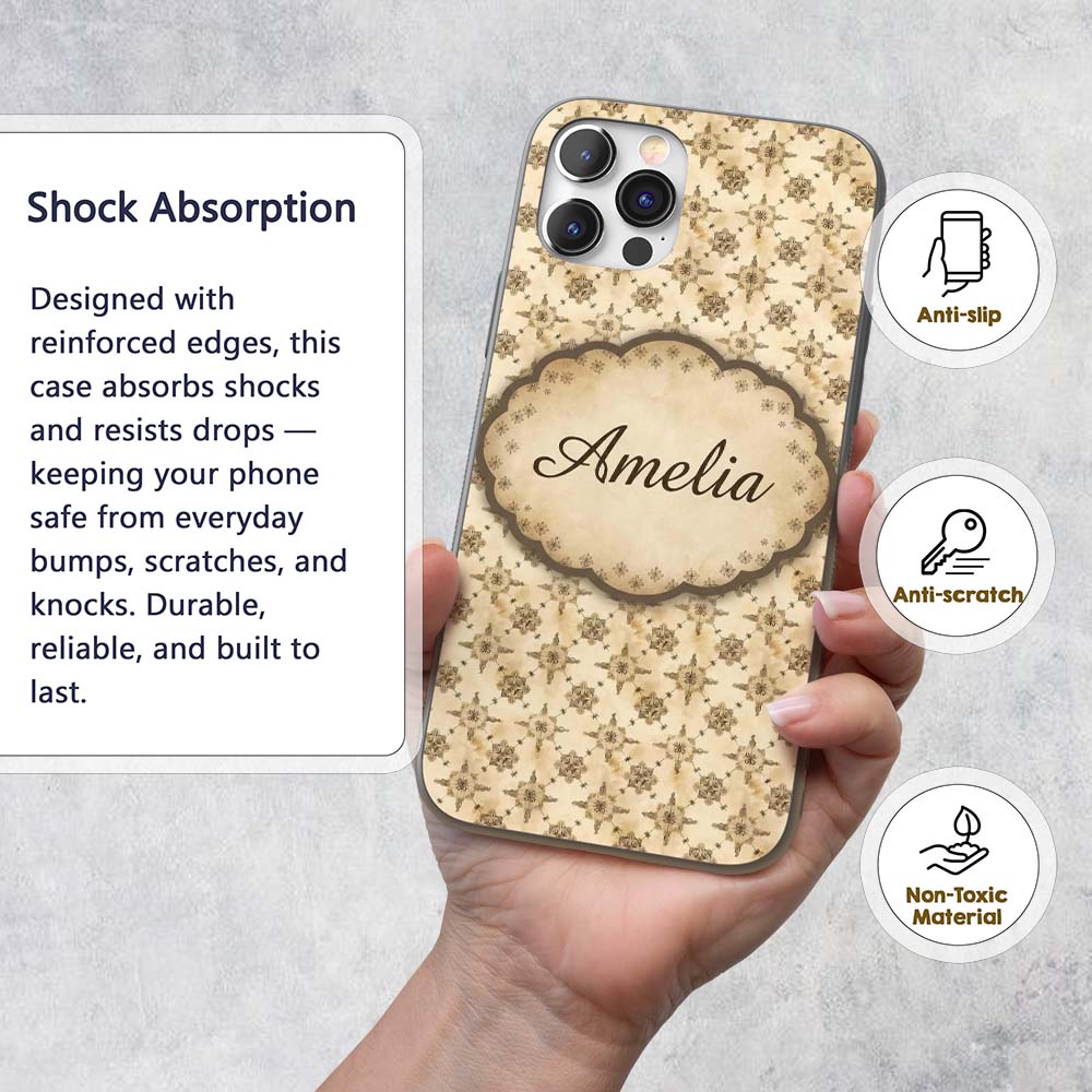 Classic Ornamental Tile Pattern in Beige Tones Custom Name Protective Phone Case Mobile Cover Durable Everyday Smartphone Shock Resistant
