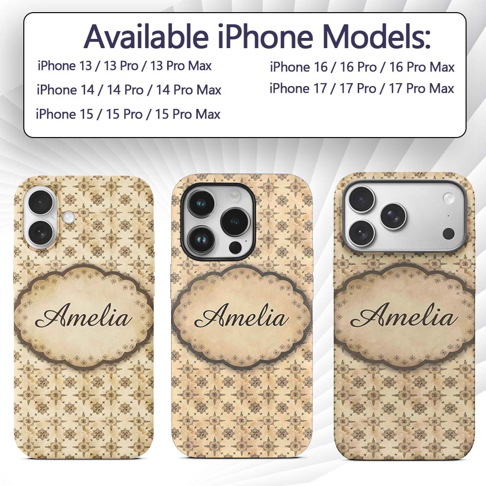 Classic Ornamental Tile Pattern in Beige Tones Custom Name Protective Phone Case Mobile Cover Durable Everyday Smartphone Shock Resistant