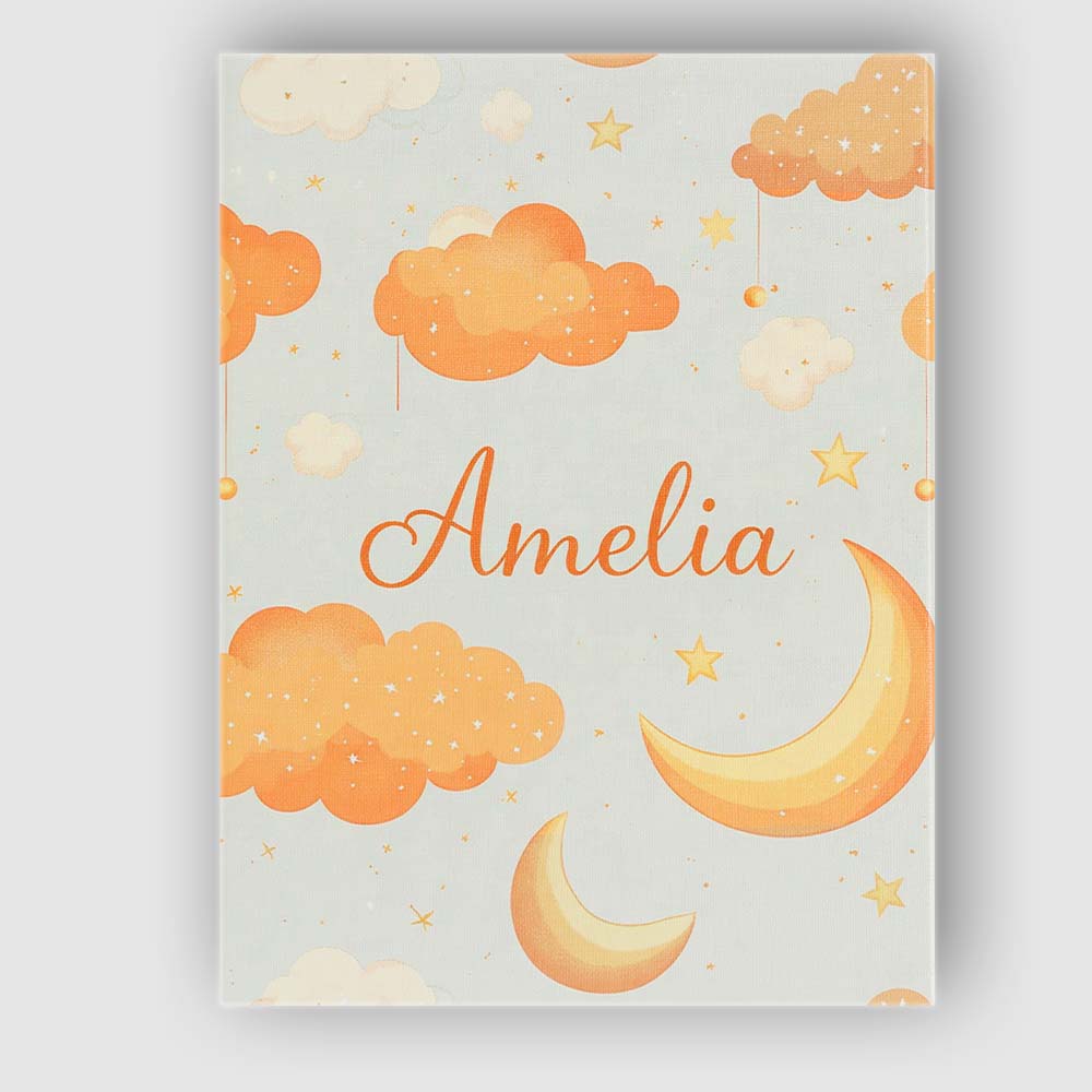 Personalised Name Orange Clouds Moon Stars Seamless Pattern Cute Custom Interior Canvas Wall Art Print Decor Picture Ready to Hang