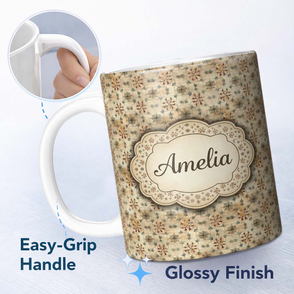 Personalized Custom Name Elegant Floral Vintage Pattern in Soft Neutral Tones Seamless Name 11oz Ceramic Coffee Tea Mug White Large Handle