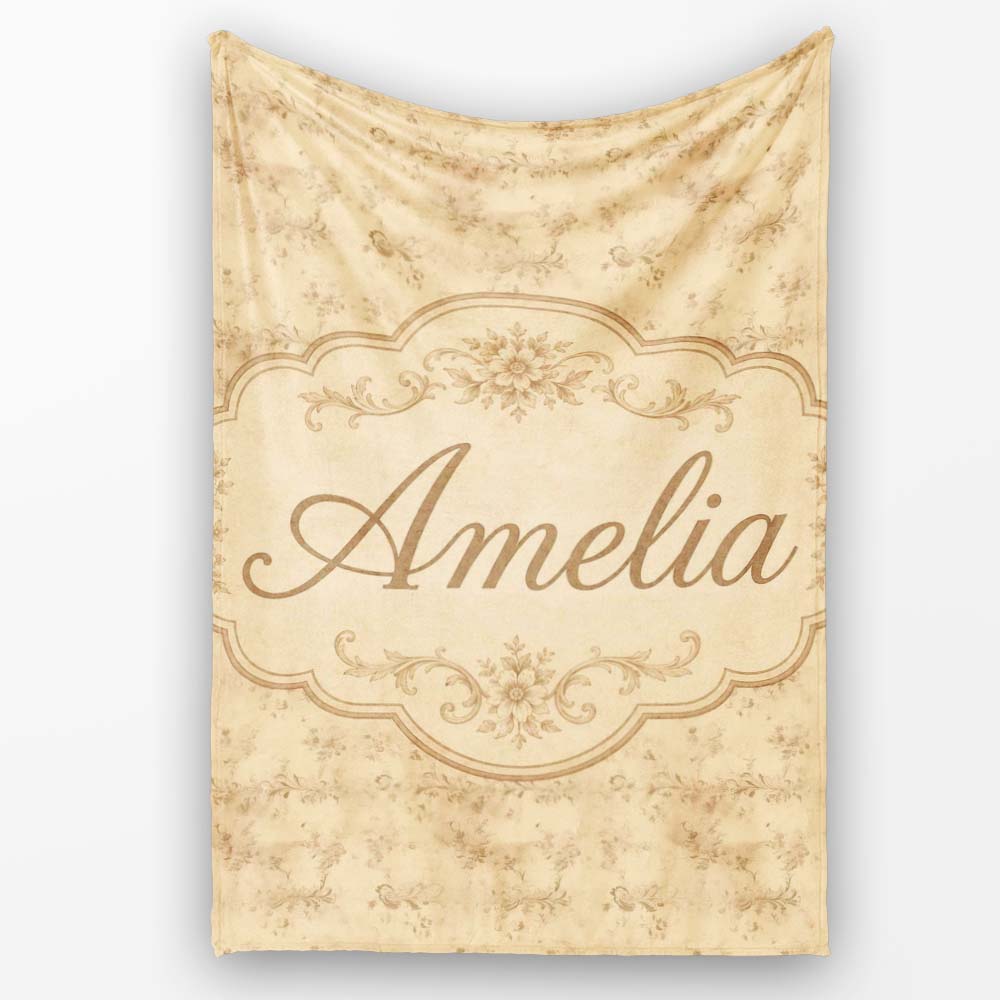 Elegant Vintage Floral Scroll Pattern on Soft Beige Background Personalised Custom Name Super Soft Fleece Blanket Bed Sofa Throw