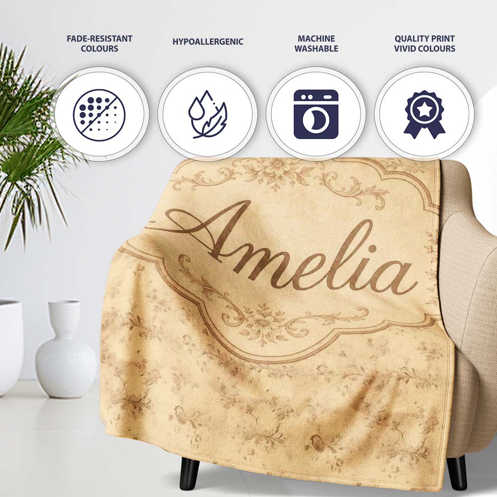 Elegant Vintage Floral Scroll Pattern on Soft Beige Background Personalised Custom Name Super Soft Fleece Blanket Bed Sofa Throw