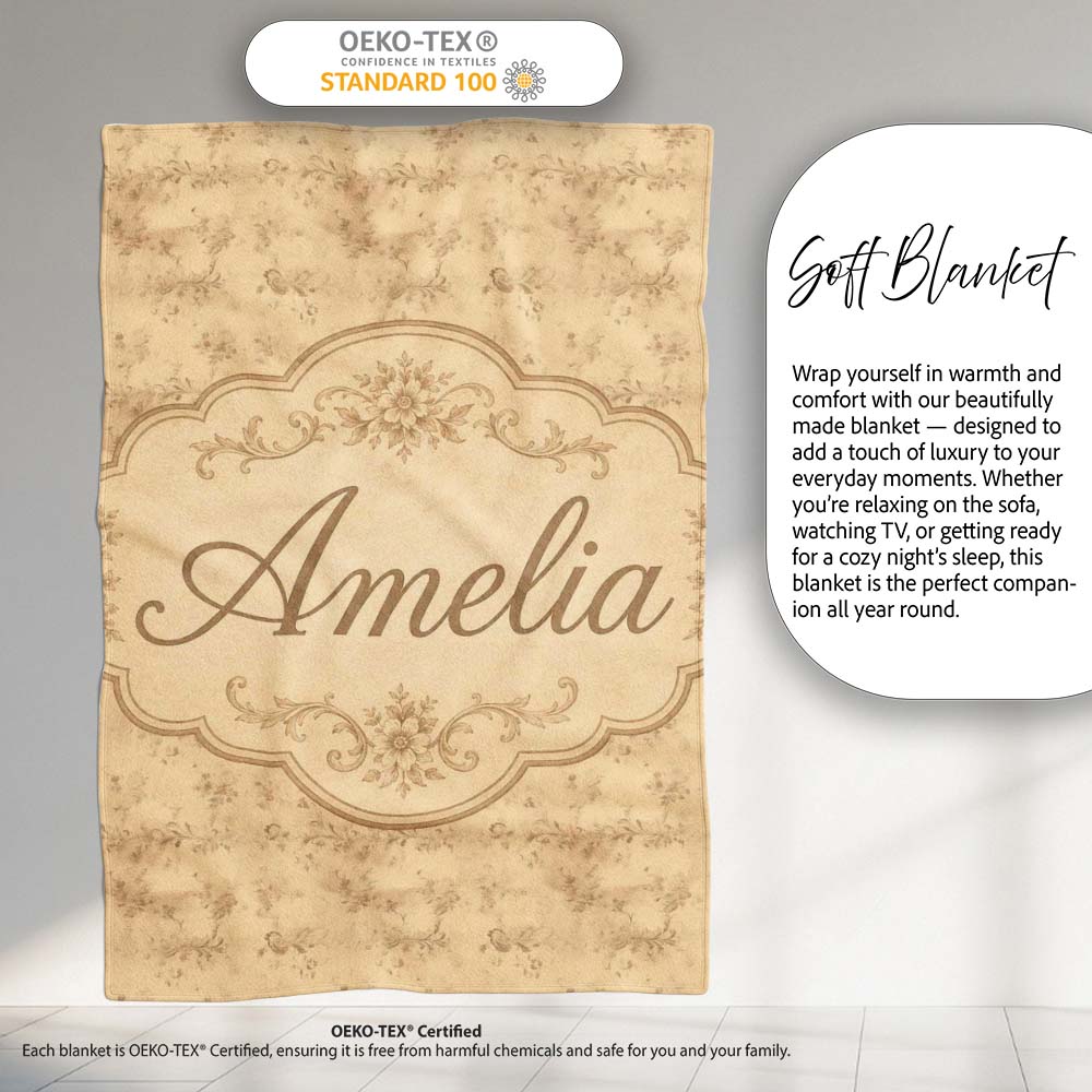Elegant Vintage Floral Scroll Pattern on Soft Beige Background Personalised Custom Name Super Soft Fleece Blanket Bed Sofa Throw