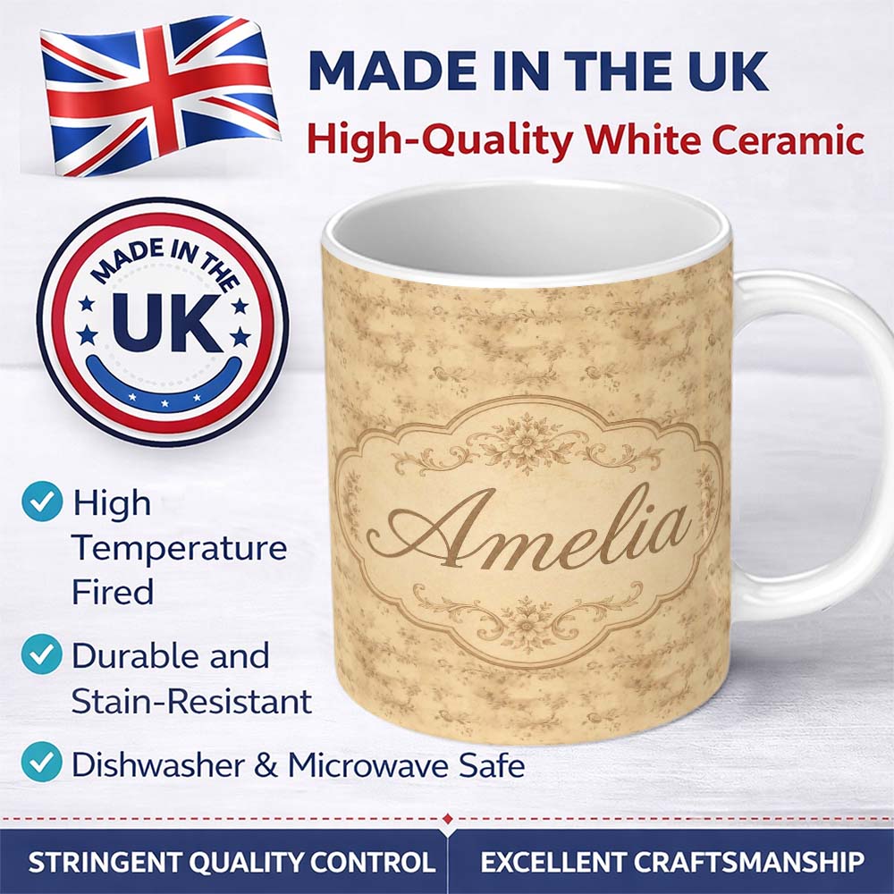 Personalized Custom Name Elegant Vintage Floral Scroll Pattern on Soft Beige Background 11oz Ceramic Coffee Tea Mug White Large Handle