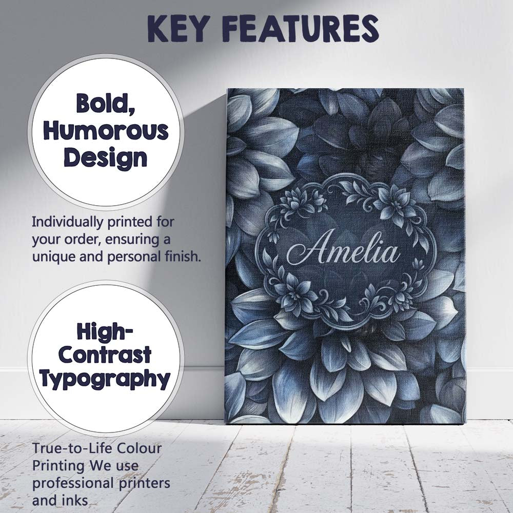 Personalised Name Monochrome Dark Blue Custom Modern Room Accent Elegant Feature Canvas Wall Art Print Decor Picture Ready to Hang