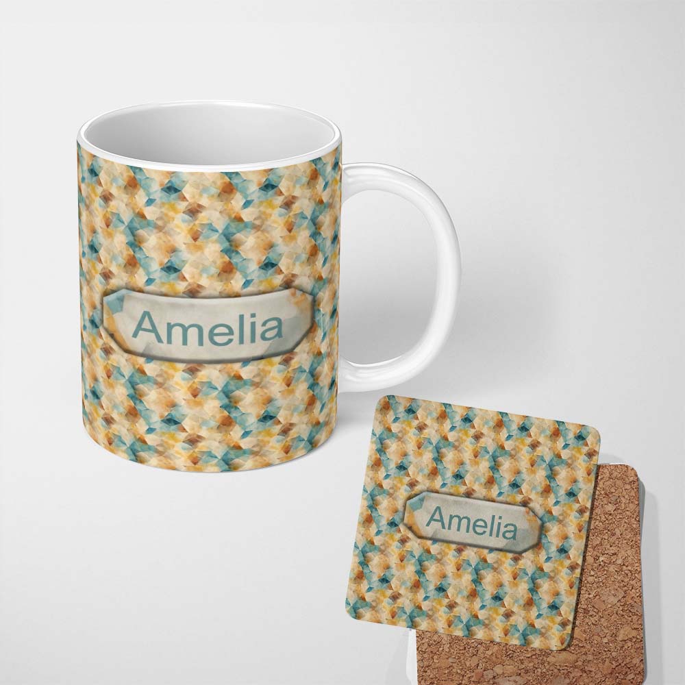 Personalized Custom Name Abstract Geometric Watercolor Shapes in Soft Blue and Orange 11oz Ceramic Coffee Tea Mug White Large Handle