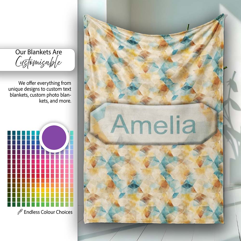 Abstract Geometric Watercolor Shapes in Soft Blue and Orange Personalised Custom Name Super Soft Fleece Blanket Bed Sofa Throw
