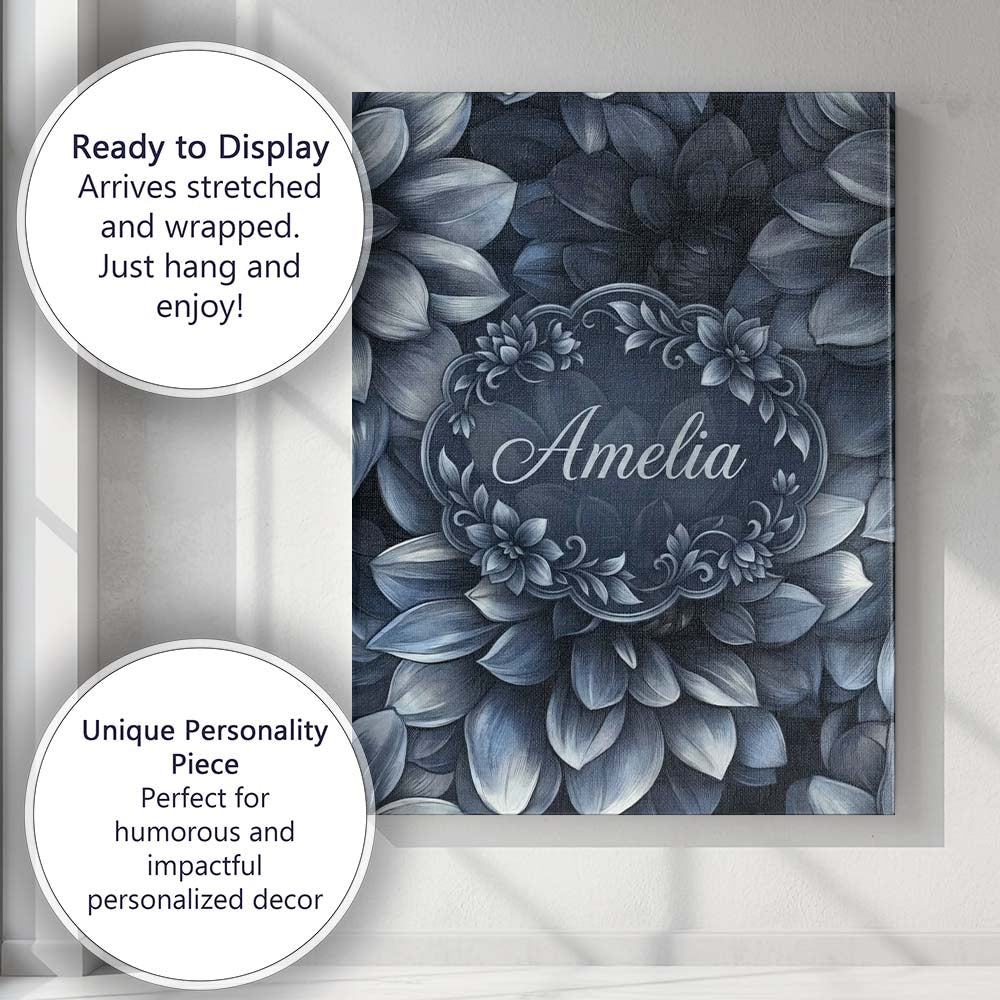 Personalised Name Monochrome Dark Blue Custom Modern Room Accent Elegant Feature Canvas Wall Art Print Decor Picture Ready to Hang