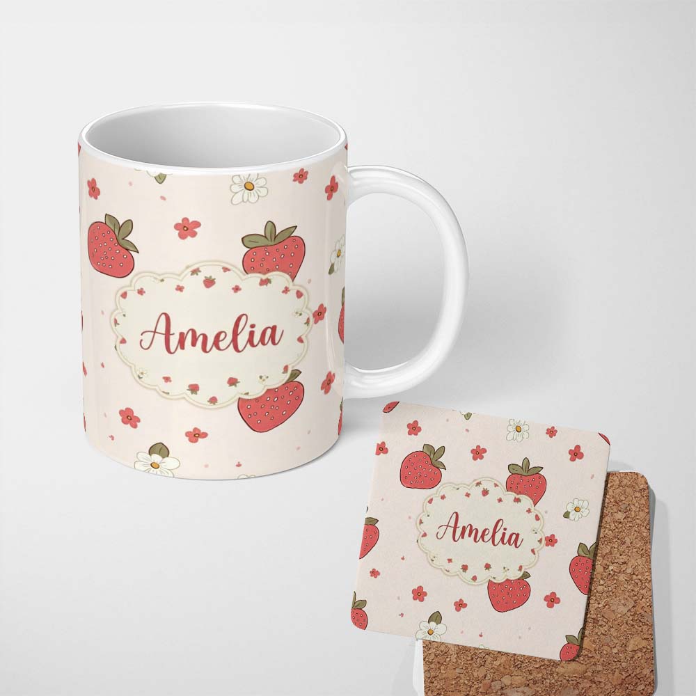 Personalized Custom Name Cute Strawberry and Floral Pattern on Soft Neutral Background 11oz Ceramic Coffee Tea Mug White Large Handle