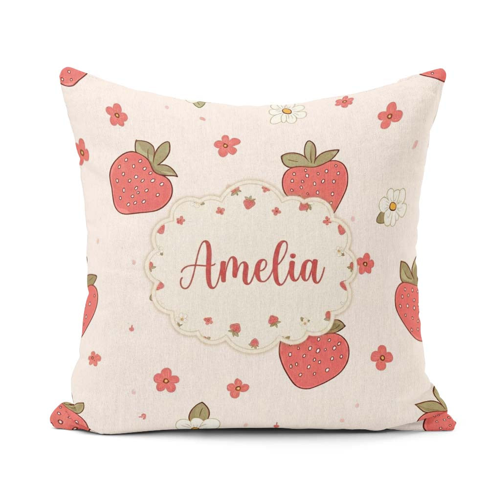 Custom Name Cute Strawberry and Floral Pattern on Soft Neutral Square Filled Cushion Throw Pillow Sofa Bed Home Decor Zip Washable UK Made