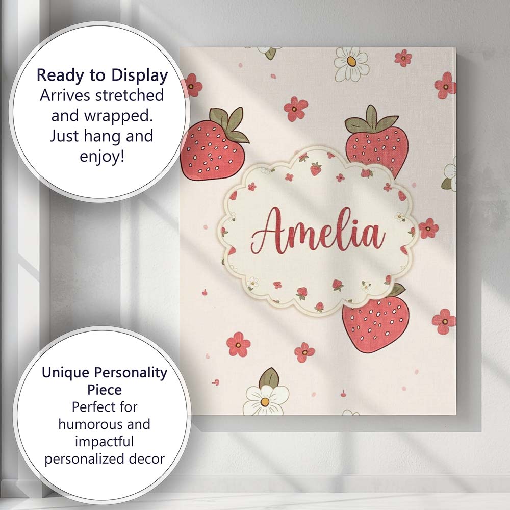 Personalised Name Cute Strawberry and Custom Modern Room Accent Creative Decorator Style Canvas Wall Art Print Decor Picture Ready to Hang