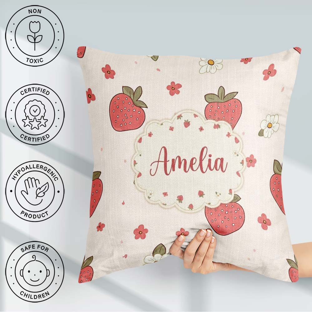 Custom Name Cute Strawberry and Floral Pattern on Soft Neutral Square Filled Cushion Throw Pillow Sofa Bed Home Decor Zip Washable UK Made