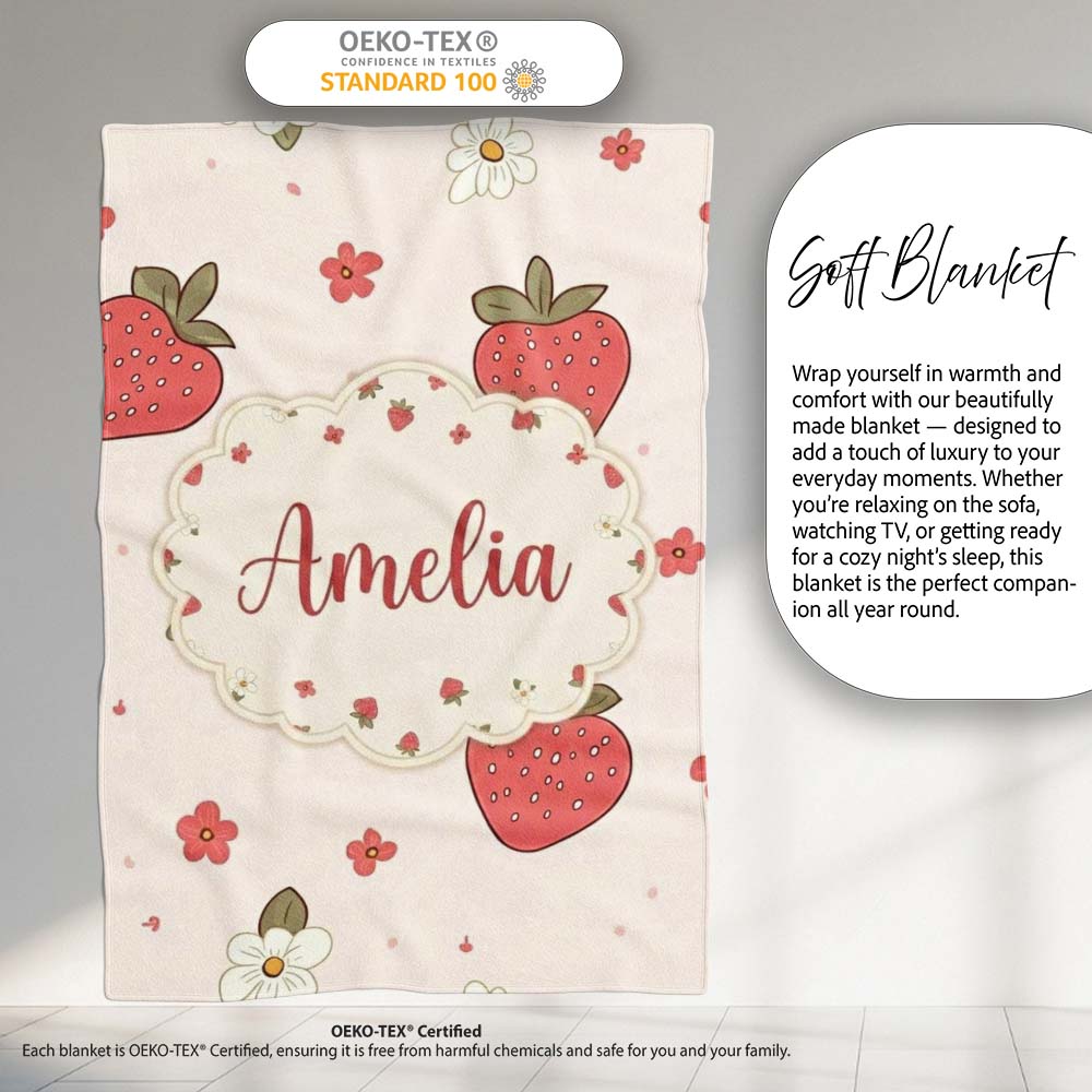 Cute Strawberry and Floral Pattern on Soft Neutral Background Personalised Custom Name Super Soft Fleece Blanket Bed Sofa Throw