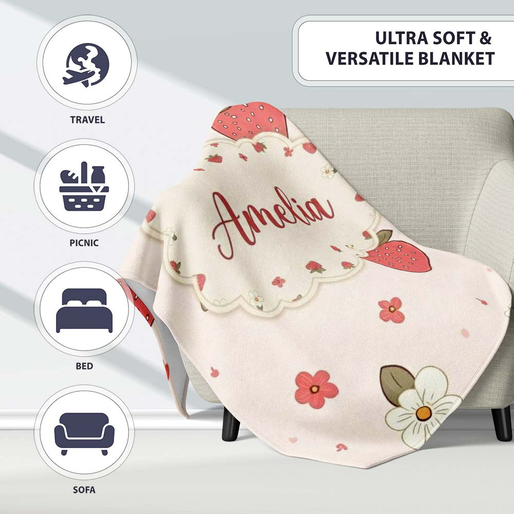 Cute Strawberry and Floral Pattern on Soft Neutral Background Personalised Custom Name Super Soft Fleece Blanket Bed Sofa Throw
