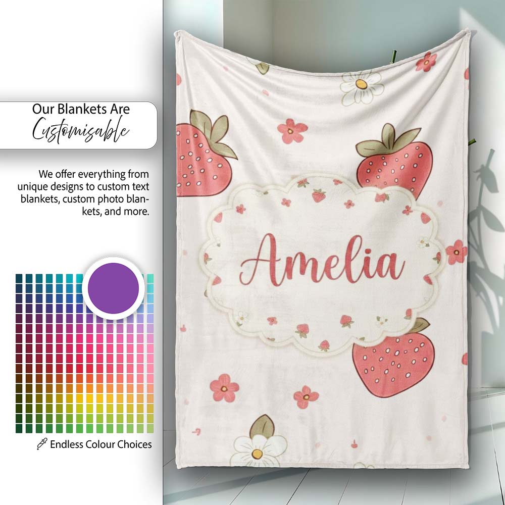 Cute Strawberry and Floral Pattern on Soft Neutral Background Personalised Custom Name Super Soft Fleece Blanket Bed Sofa Throw
