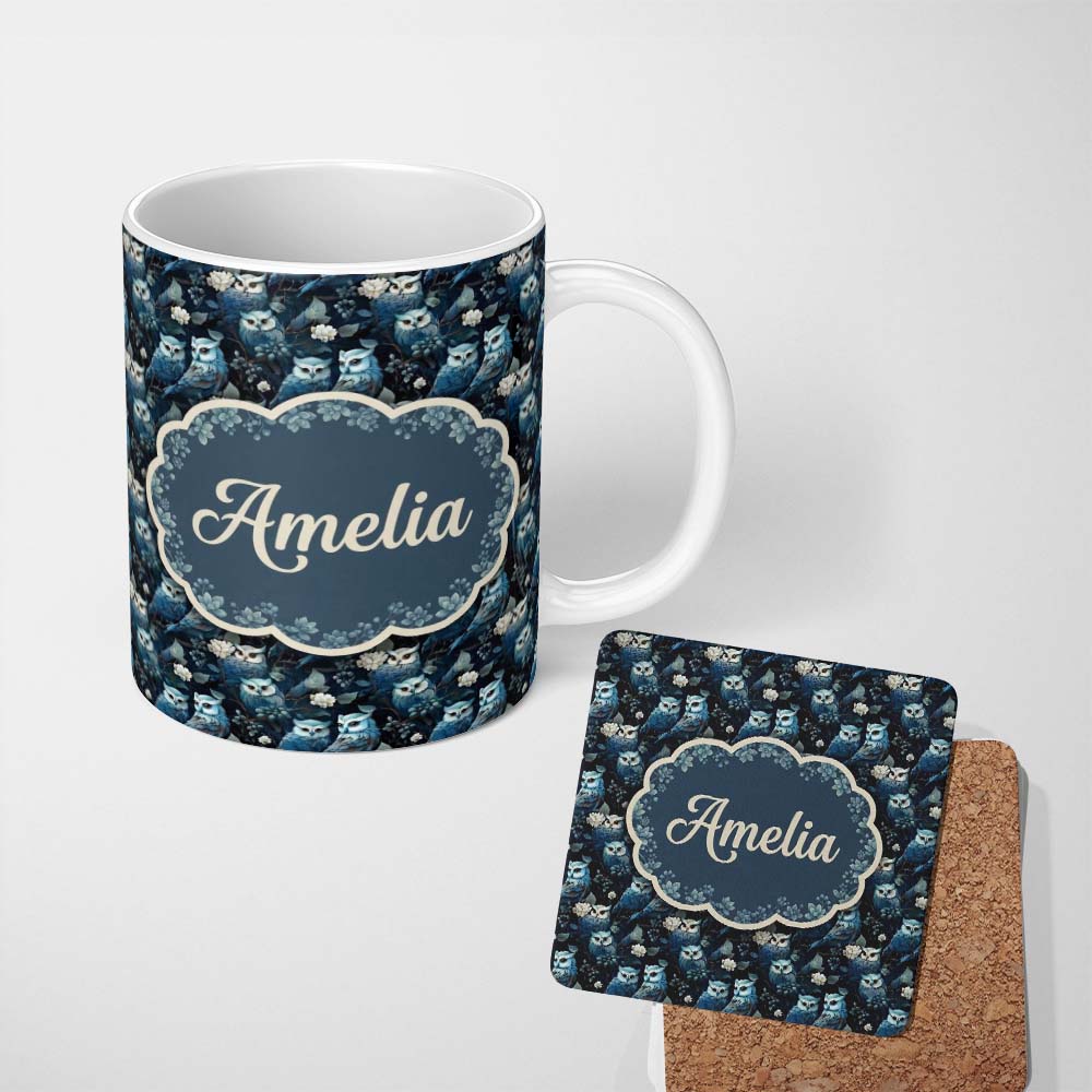 Personalized Custom Name Majestic Blue Owl Birds with Floral Night Background Seamless 11oz Ceramic Coffee Tea Mug White Large Handle