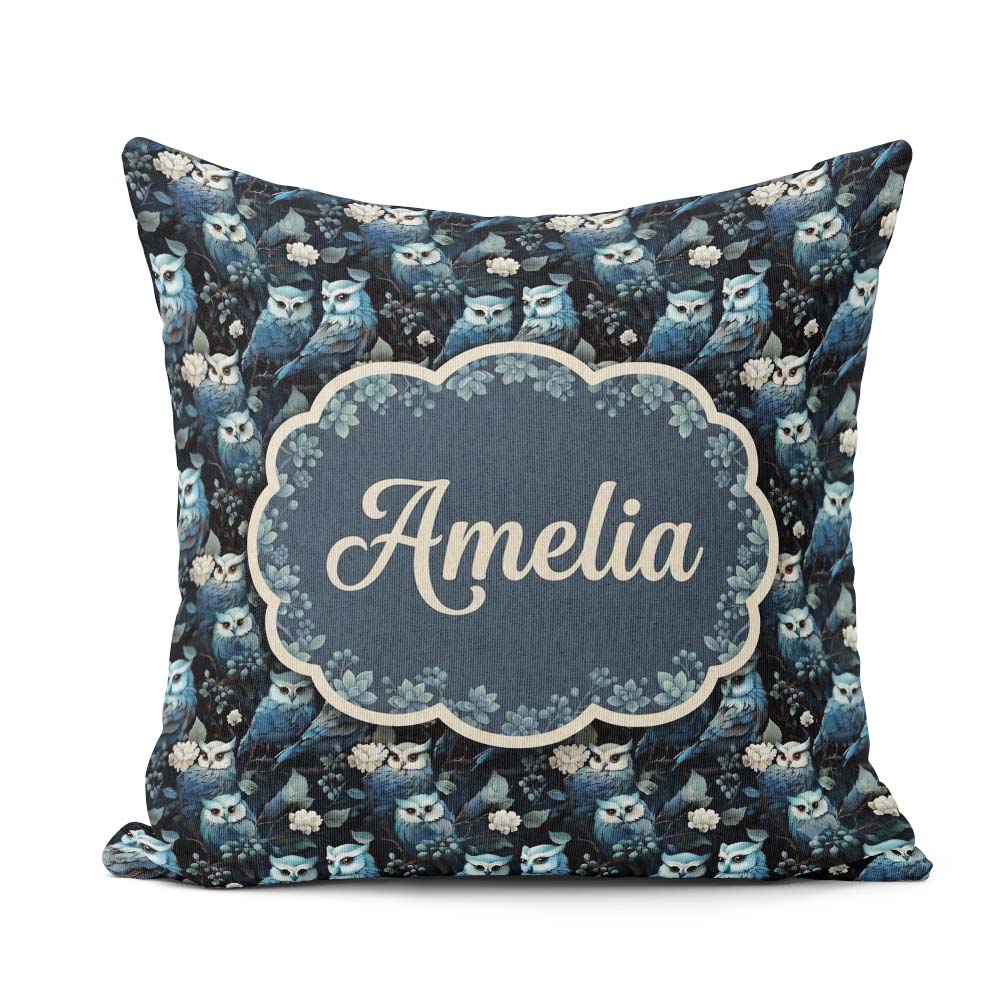 Custom Name Majestic Blue Owl Birds with Floral Night Background Square Filled Cushion Throw Pillow Sofa Bed Home Decor Zip Washable UK Made