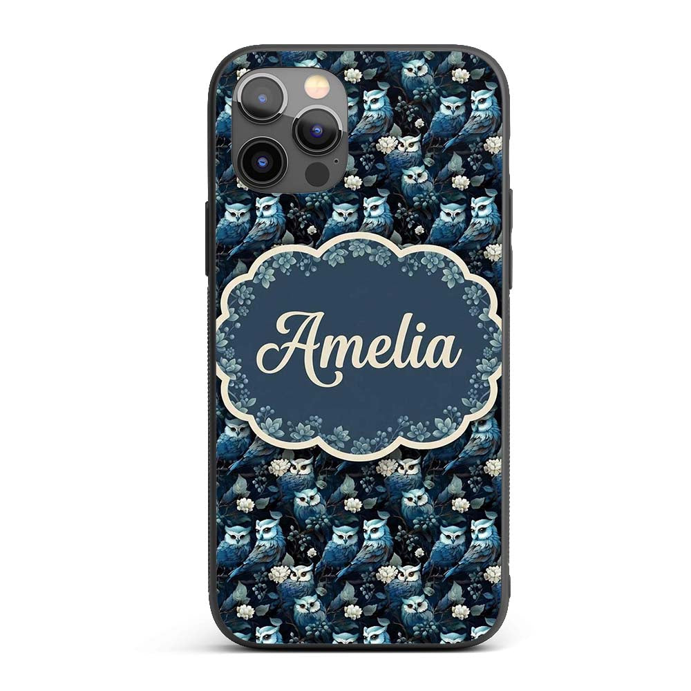 Majestic Blue Owl Birds with Decorative Design Custom Name Protective Phone Case Mobile Cover Durable Everyday Smartphone Shock Resistant