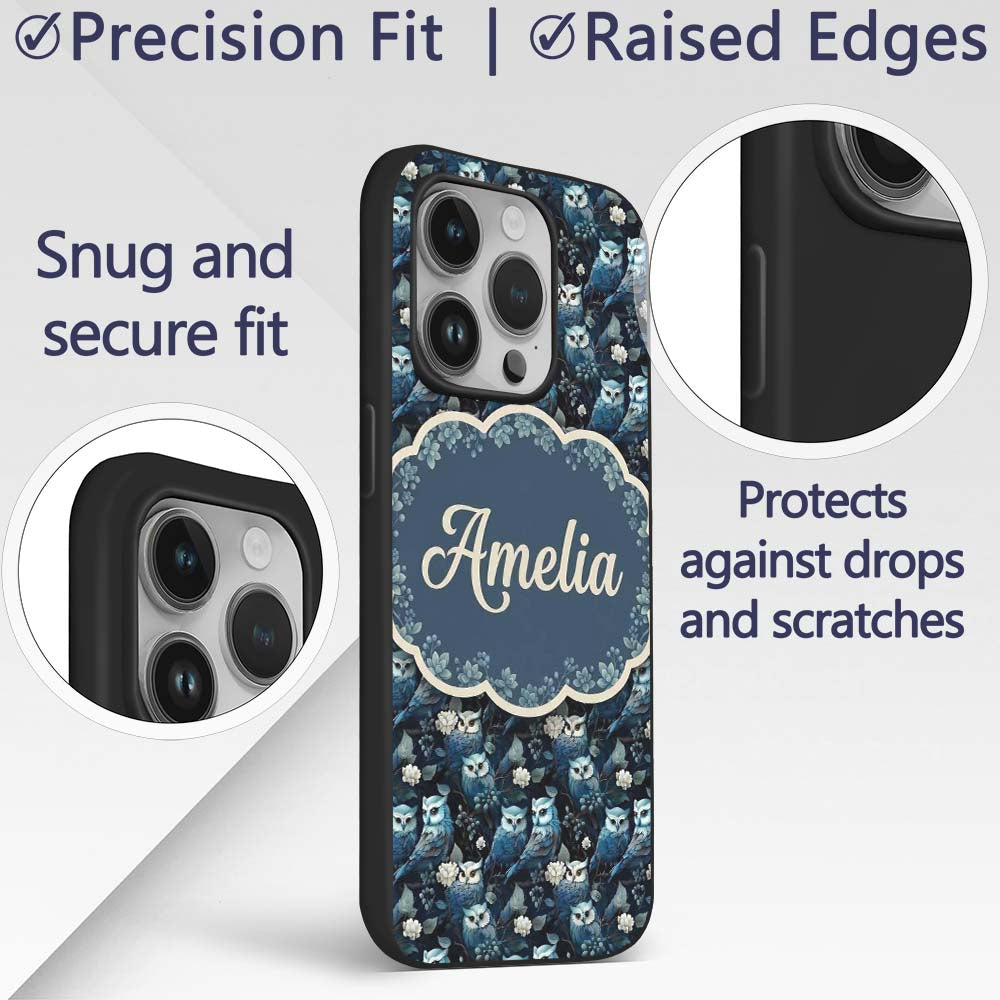 Majestic Blue Owl Birds with Decorative Design Custom Name Protective Phone Case Mobile Cover Durable Everyday Smartphone Shock Resistant