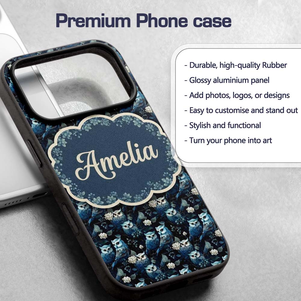 Majestic Blue Owl Birds with Decorative Design Custom Name Protective Phone Case Mobile Cover Durable Everyday Smartphone Shock Resistant