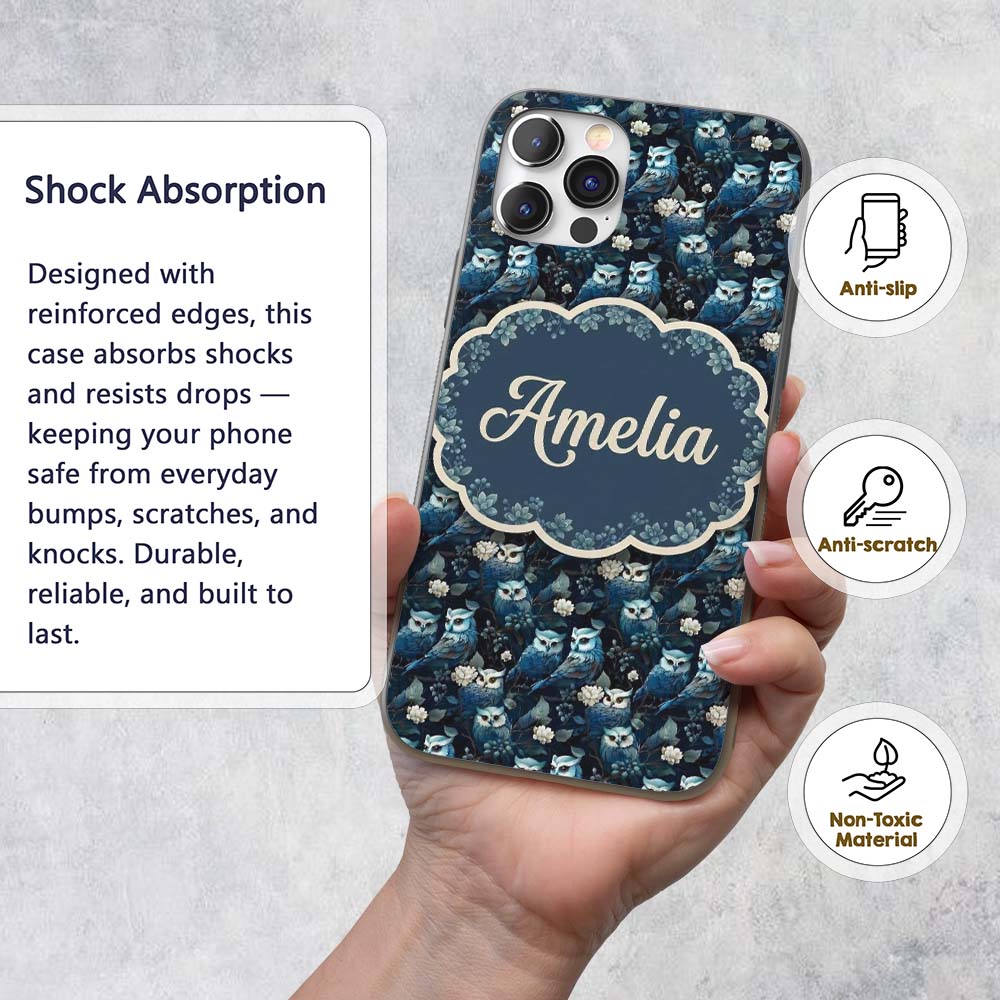 Majestic Blue Owl Birds with Decorative Design Custom Name Protective Phone Case Mobile Cover Durable Everyday Smartphone Shock Resistant
