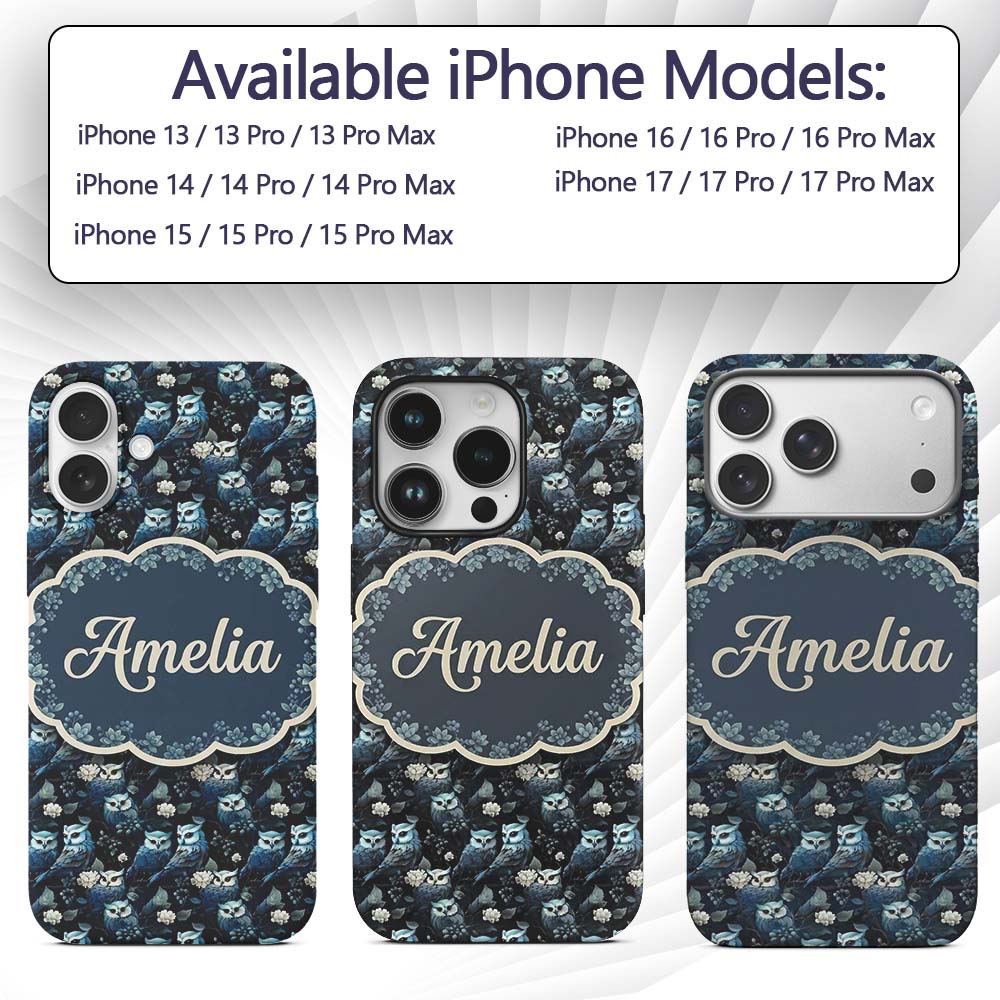 Majestic Blue Owl Birds with Decorative Design Custom Name Protective Phone Case Mobile Cover Durable Everyday Smartphone Shock Resistant