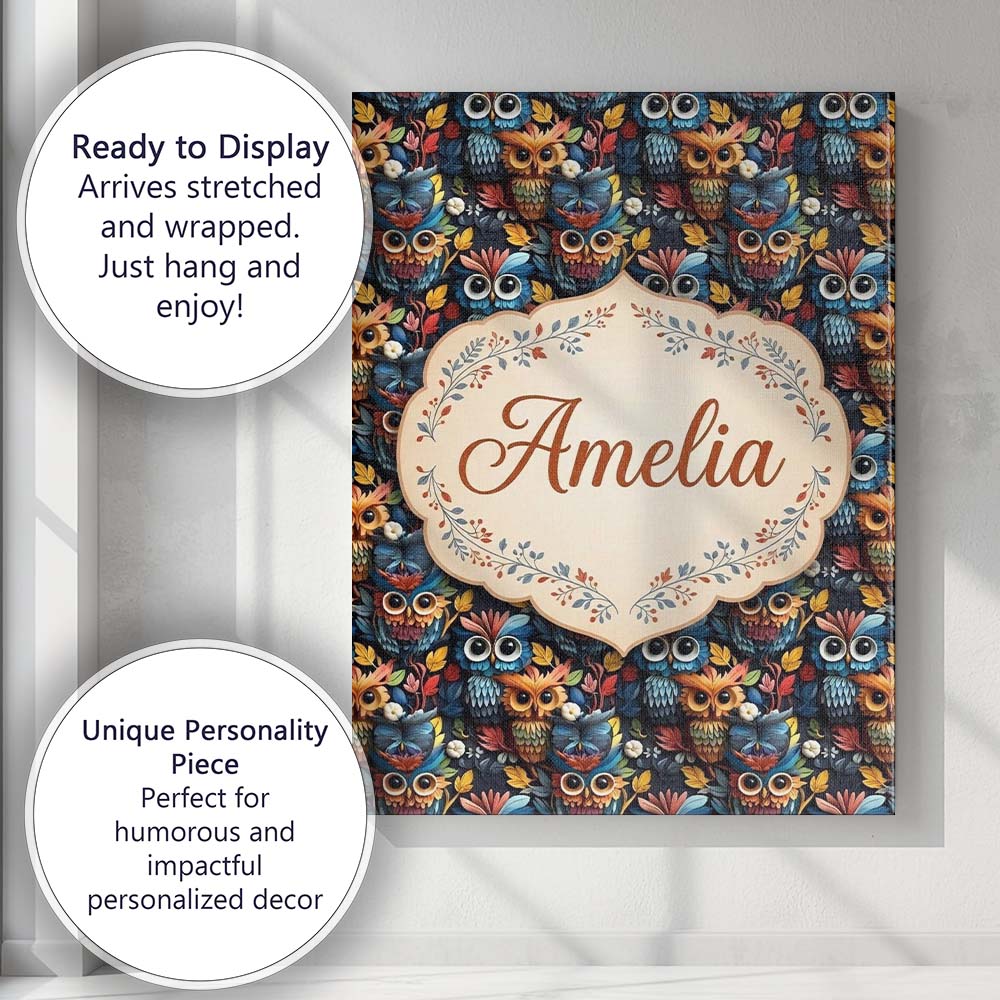 Personalised Name Colorful Cute Owl Birds Custom Unique Gift Idea Elegant Feature Canvas Wall Art Print Decor Picture Ready to Hang