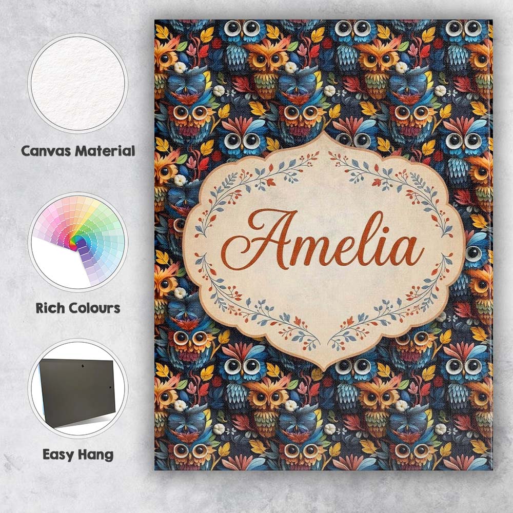 Personalised Name Colorful Cute Owl Birds Custom Unique Gift Idea Elegant Feature Canvas Wall Art Print Decor Picture Ready to Hang