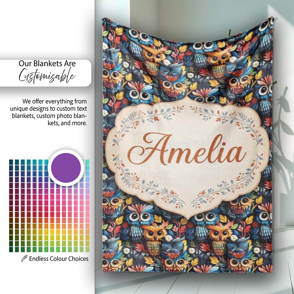 Colorful Cute Owl Birds with Autumn Leaves Dark Background Seamless Personalised Custom Name Super Soft Fleece Blanket Bed Sofa Throw