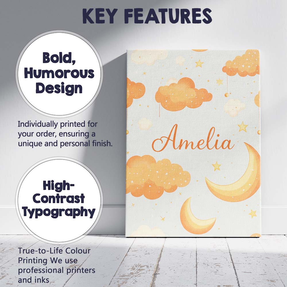 Personalised Name Orange Clouds Moon Stars Seamless Pattern Cute Custom Interior Canvas Wall Art Print Decor Picture Ready to Hang